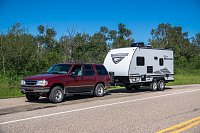 Our 21 year old Ford Explorer towing our new 2020 Winnebago 1706FB trailer.