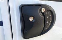 RV Door lock with keyless with remote controls and keyed to the lower compartments. 
INSTALL NOTE: I had to shave the opening a tad bit larger with a file. Also, added some butyl tape to fill in the...