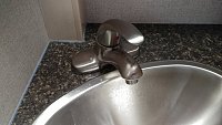 Dura Faucet DF-NML210-SN for the bathroom sink.  Single lever and works well.