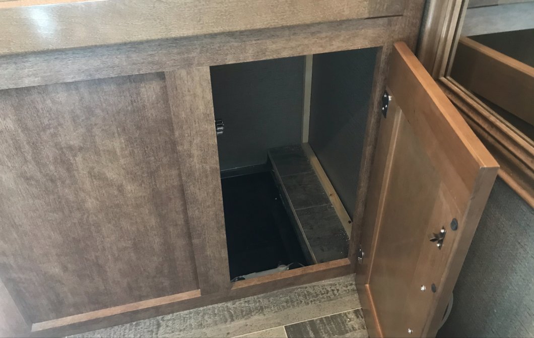 Hat tip to K9AEG for this idea to repurpose this hidden storage area under the wardrobe closet.
Ordered a matching door from Winnebago.