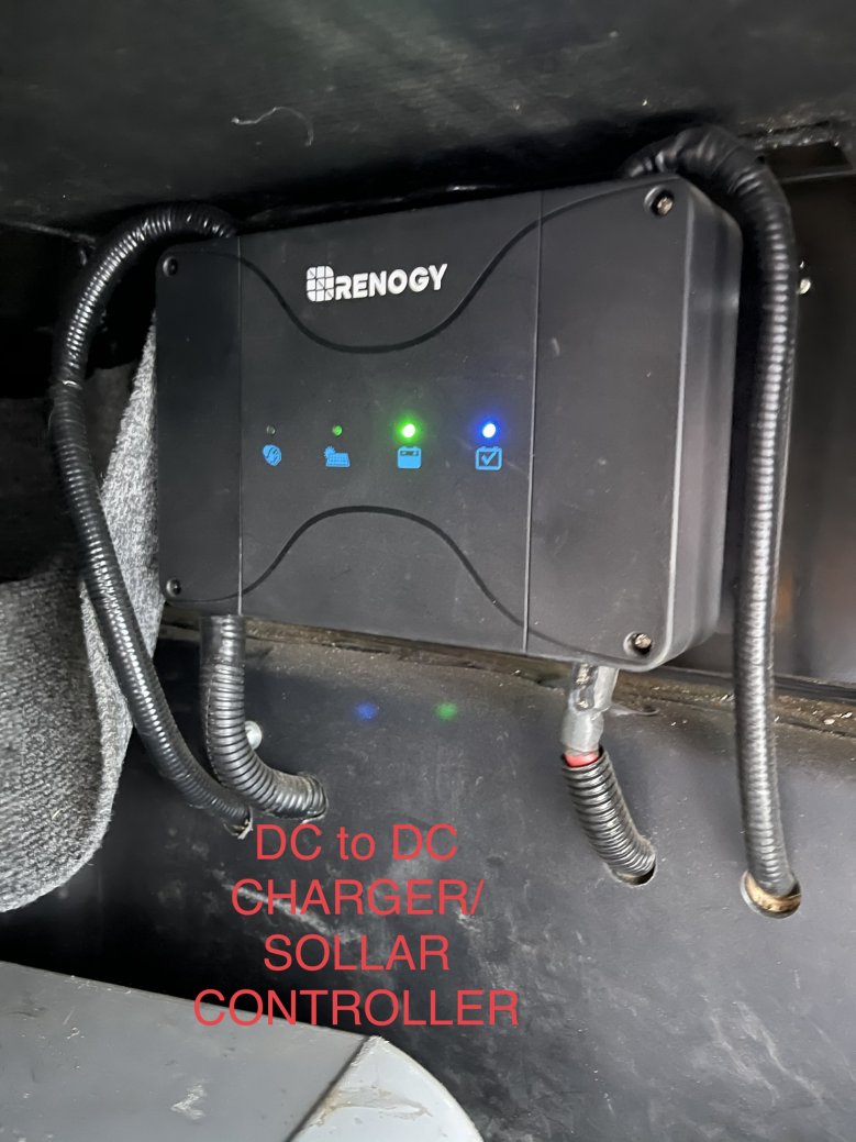 DC to DC Charger and Solar controller. Lithium batteries when deeply discharged have a higher absorption rate that can damage the alternator. This device replaces the isolator.
When solar charging has achieved 100% then trickle charge engine battery.